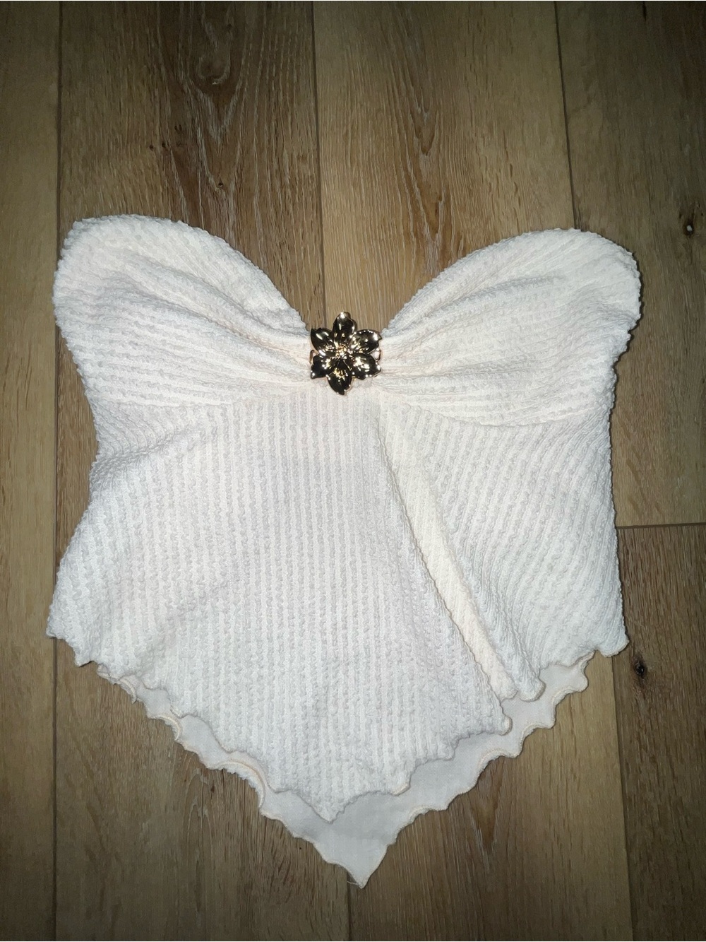 Ivory Strapless Handkerchief Hem Top with Floral Brooch